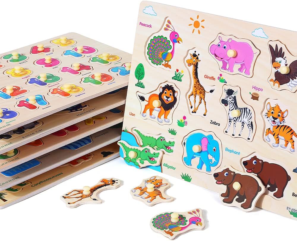 6-pack Wooden Peg Puzzles for Toddlers, Alphabet Number Shape Animal Dinosaur Vehicle Preschool Learning Toys