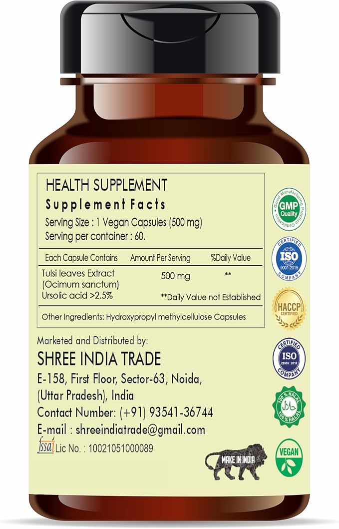 Tulsi Extract 500mg - 60 Vegetarian Capsules | Ocimum Sanctum | | All Natural | 100% Vegan | Gluten-Free | GMP Certified.
