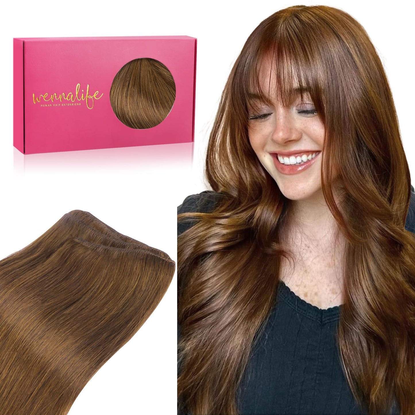 Wennalife Sew In Hair Extensions Real Human Hair, 20 Inch 100G Light Auburn Brown Machine Weft Hair Extensions Human Hair Hand T