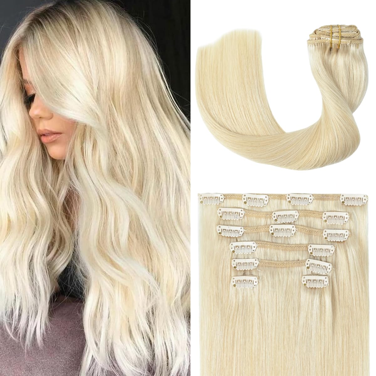 Ugotrays Clip In Hair Extensions Real Human Hair Blonde - 20 Inch 100G 7Pcs Platinum Blonde 100% Remy Human Hair Clip In Extensi