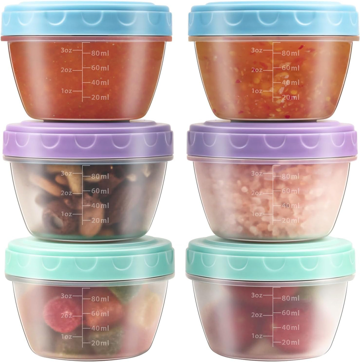 Salad Dressing Container to Go with lids Dishwasher and Microwave Safe | Tiny Condiment Containers with Graduated Lines, Reusable Leakproof Small Sauce Containers for Lunch Box 6 Pcs 2.7 OZ Mixed 1