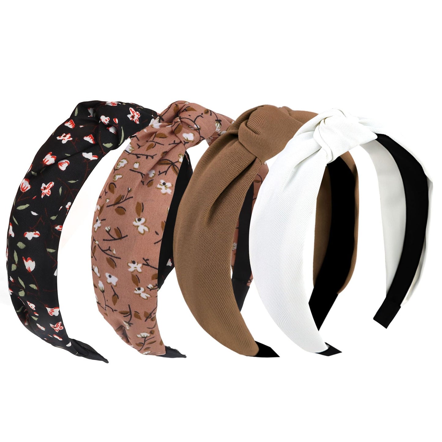 Yission 4Pcs Knotted Headbands For Women Girls Non Slip Flower Printed Head Bands Top Knot Headband For Women Black White Brown