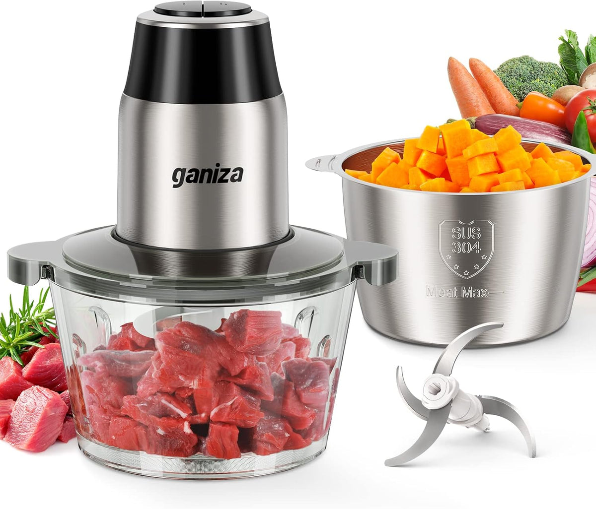 Ganiza Food Processors with 2 Bowls, 450W Meat Grinder Vegetable Chopper | 2-Speed Electric Food Chopper with 8 Cup Glass & 8 Cup Stainless Steel Bowls -Includes 2 Sets of Blades for Fruits/Meat/Nuts