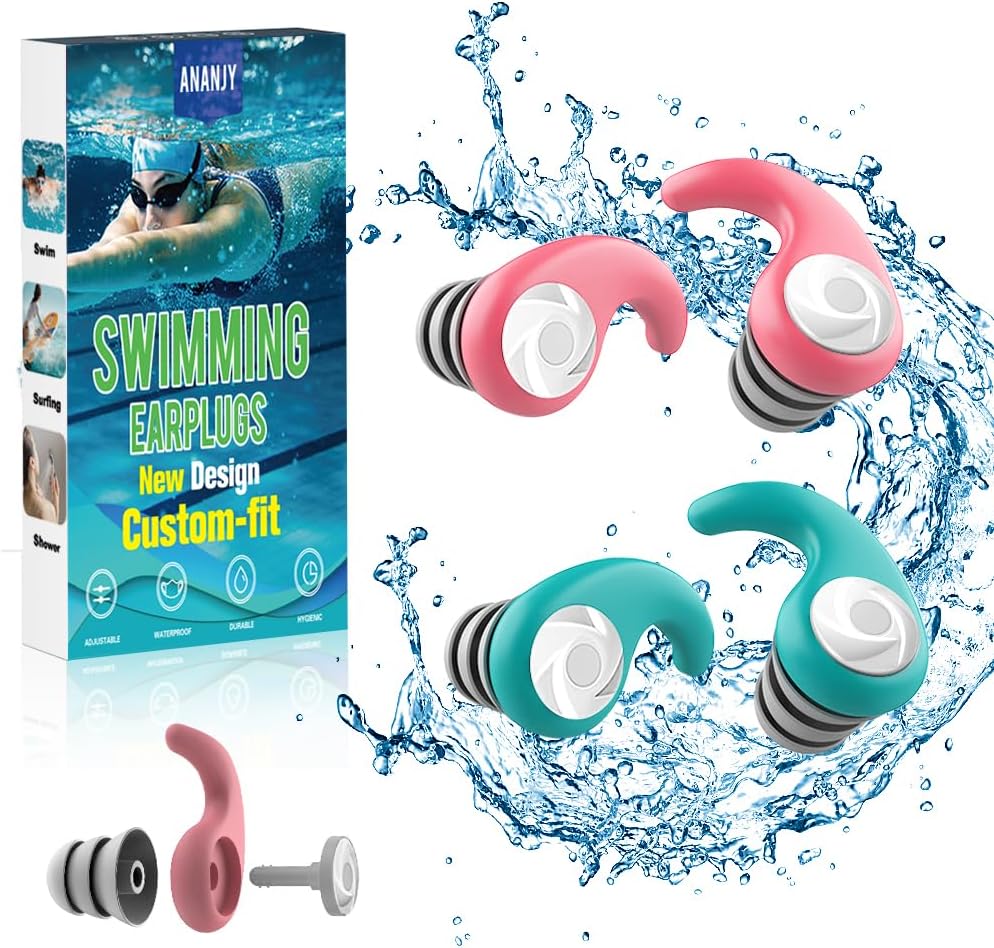 Waterproof Swimming Ear Plugs for Adults Kids, 3 Pairs Reusable Silicone | Reusable swim earplugs for pools, surfing, diving, showering and water sports, Keep Water Out and Ear Protection