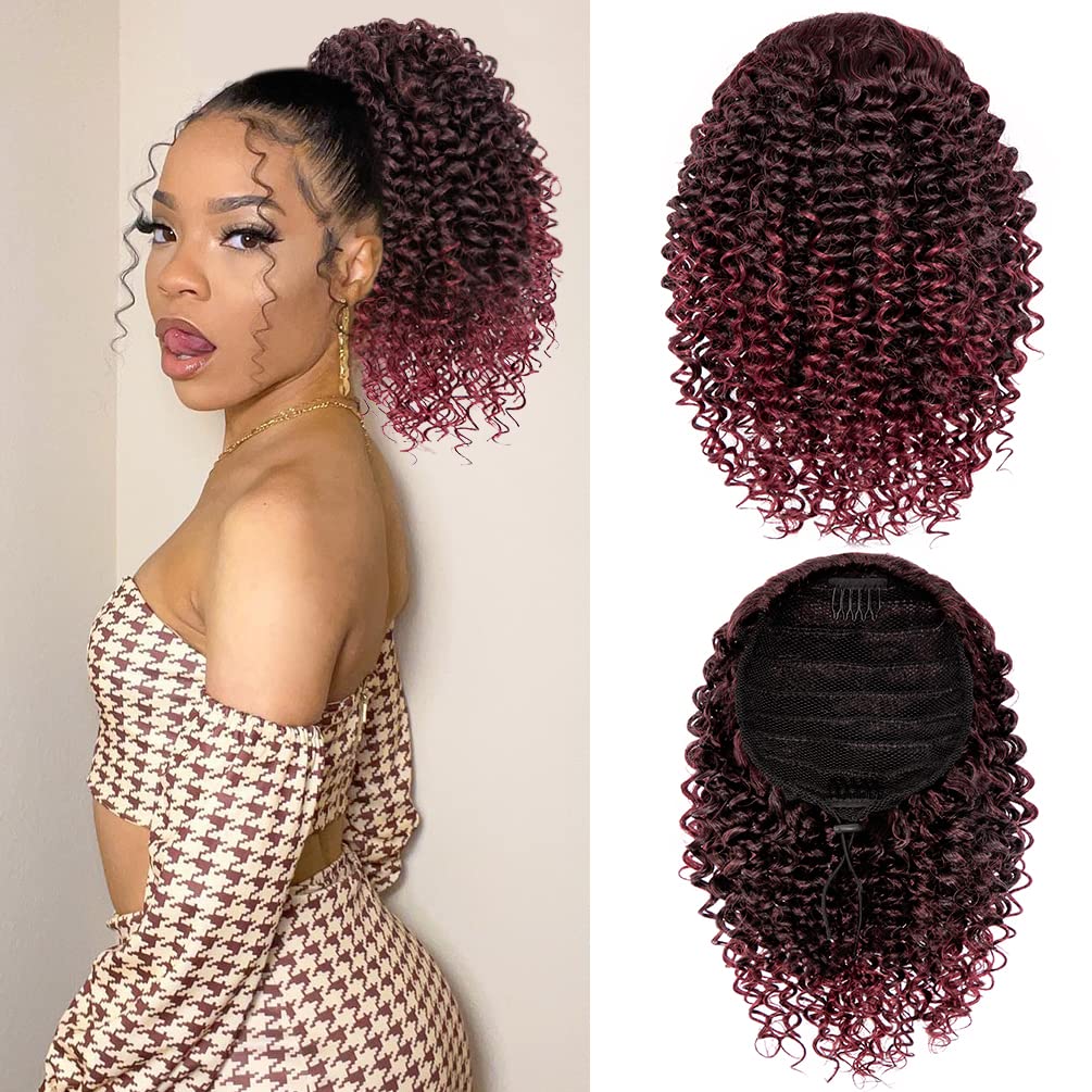 Short Kinky Curly Ponytail Extension For Black Women, 10 Inch Ombre Natural Black To Burgundy Drawstring Curly Ponytail With Two