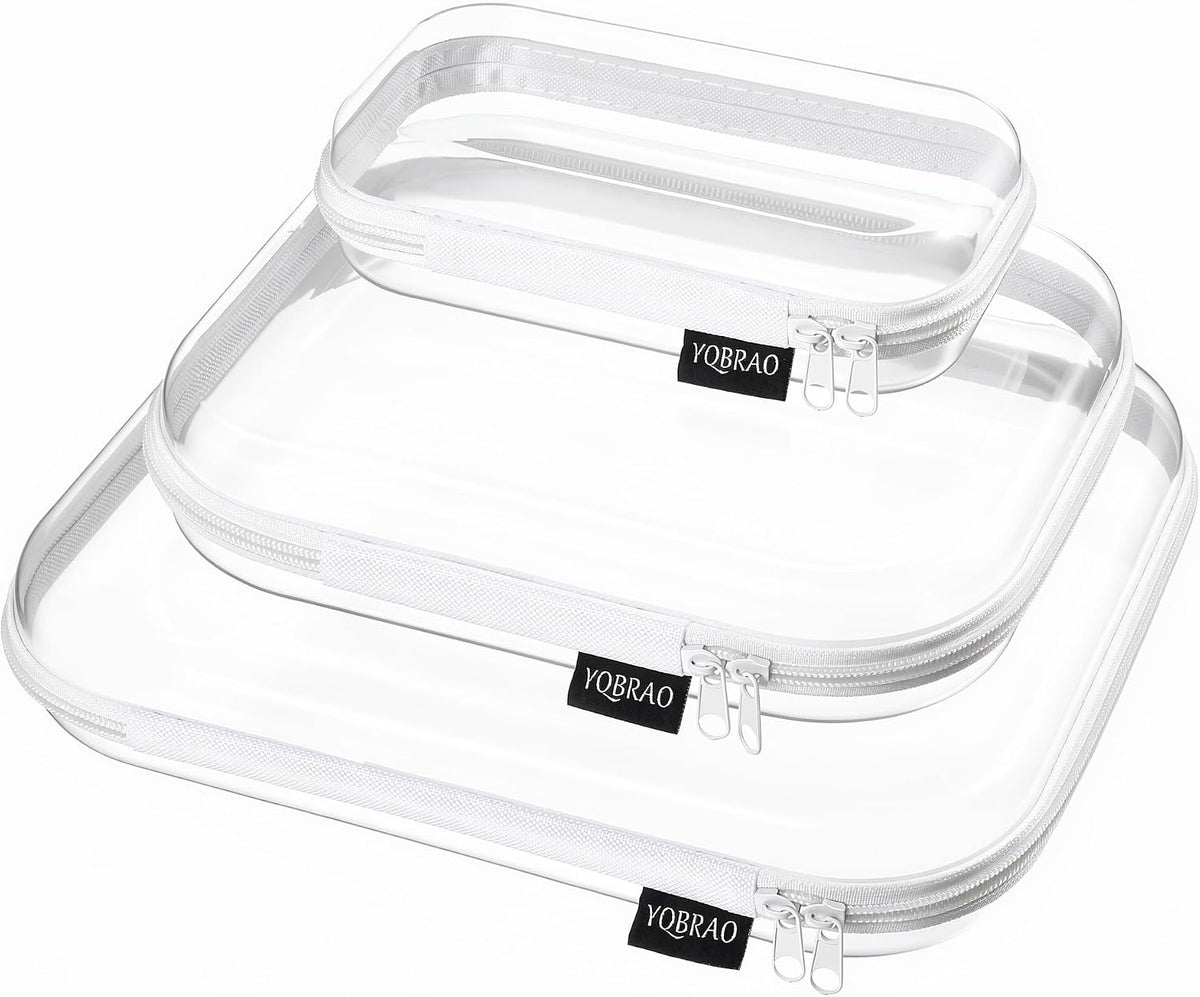 YQBRAO Clear Hard Shell Organizer Cases, 3-Pack, White | Rigid 1.2 mm clear PET organizers with multi-size design for travel, home storage, and everyday essentials.