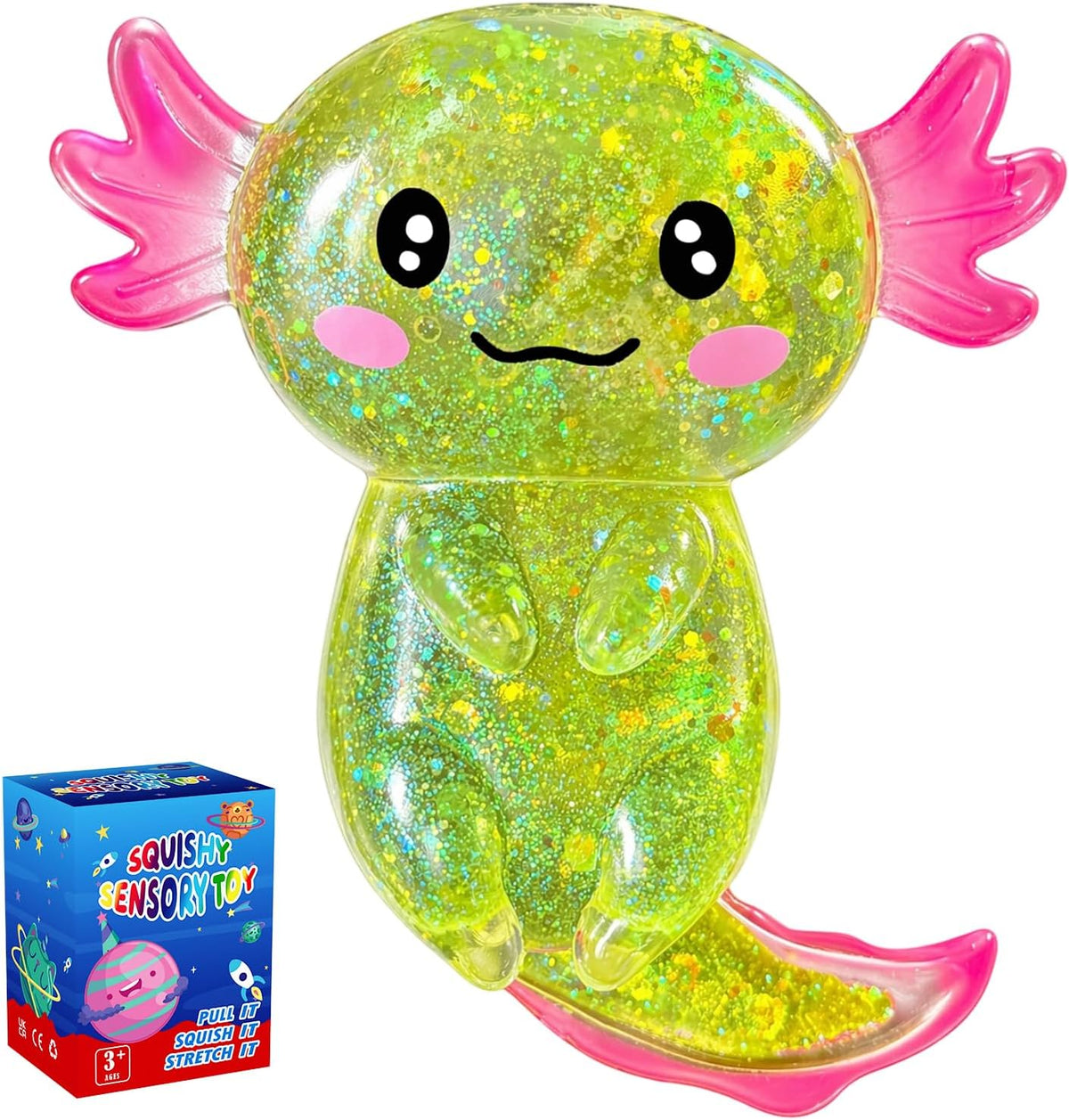 Axolotl Squishy Glitter Stress Relief Toy, Stretchy Axolotls Stress Ball, Relief Squishy Toys, Fidget Toys for Kids Youth Adult, Salamander Gift for Party Birthday Christmas (Pink)