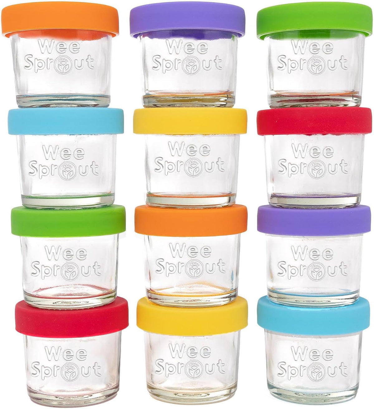WeeSprout Glass Baby Food Storage Jars with Silicone Lids (4 oz, 12 Pack Set) Snack, Puree, Reusable Small Containers, Breast Milk, Fridge or Freezer, Essential Must Have for Infants