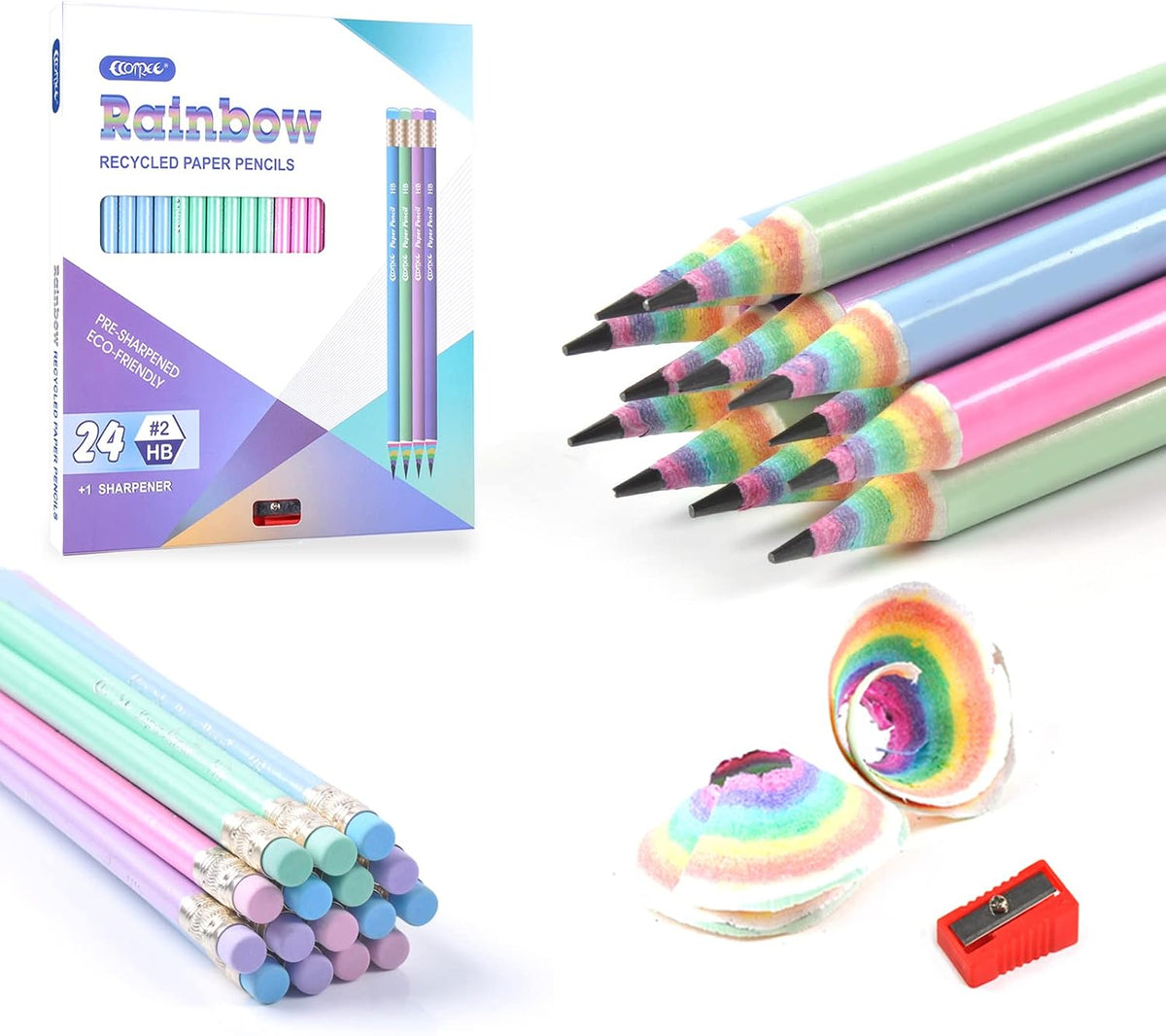 ECOTREE Pre-Sharpened Pencils #2 Cute Number 2 Pencils with Erasers for Kids Eco Rainbow Paper Pencil for School, Writing, 12 Count