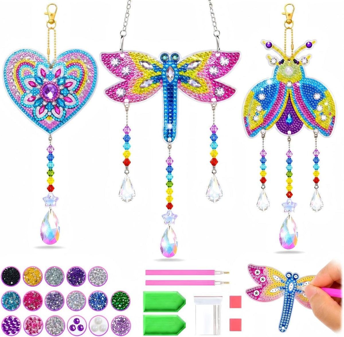 Diamond Art Kits for Kids Ages 8-12, 3 PCS DIY Gem Art Suncatchers for Kids | Diamond Art Kit with 3 Paintings and 2 Tool Sets, Craft Kits Birthday Gift for Girls Ages 8-12, Home/Garden/Backpack Décor