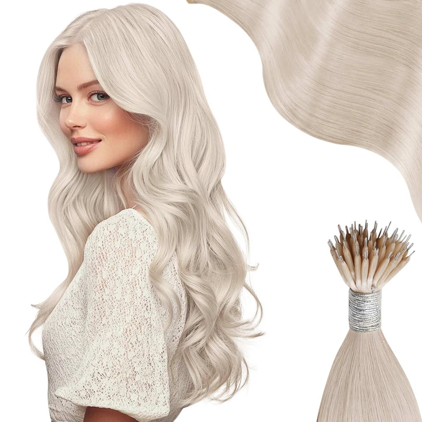 Moresoo Nano Bead Hair Extensions Human Hair White Blonde 20Inch Nano Ring Hair Extensions For Travel 50G/50S