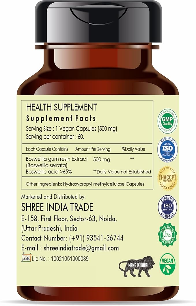 Boswellia Serrata Extract 500mg - 60 Vegetarian Capsules|Indian Frankincense | All Natural | 100% Vegan | Gluten-Free | GMP Certified