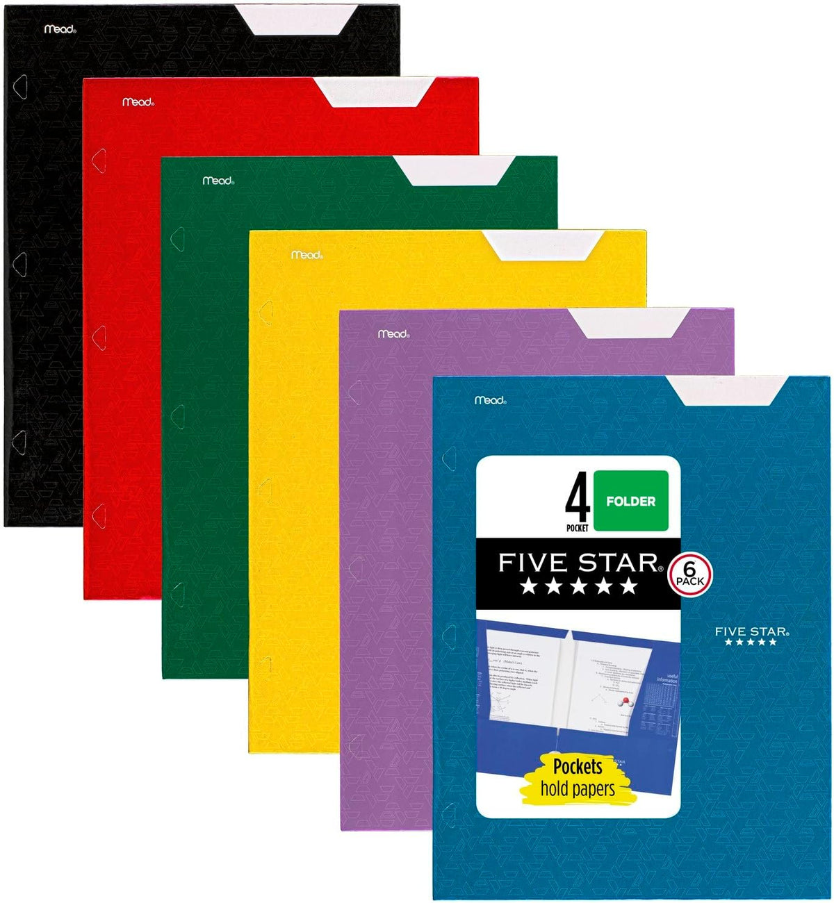 Five Star 4-Pocket Folder, 6 Pack, Paper Folder, Fits 3-Ring Binders, Holds 8-1/2" x 11" Paper, Assorted Colors (38058)