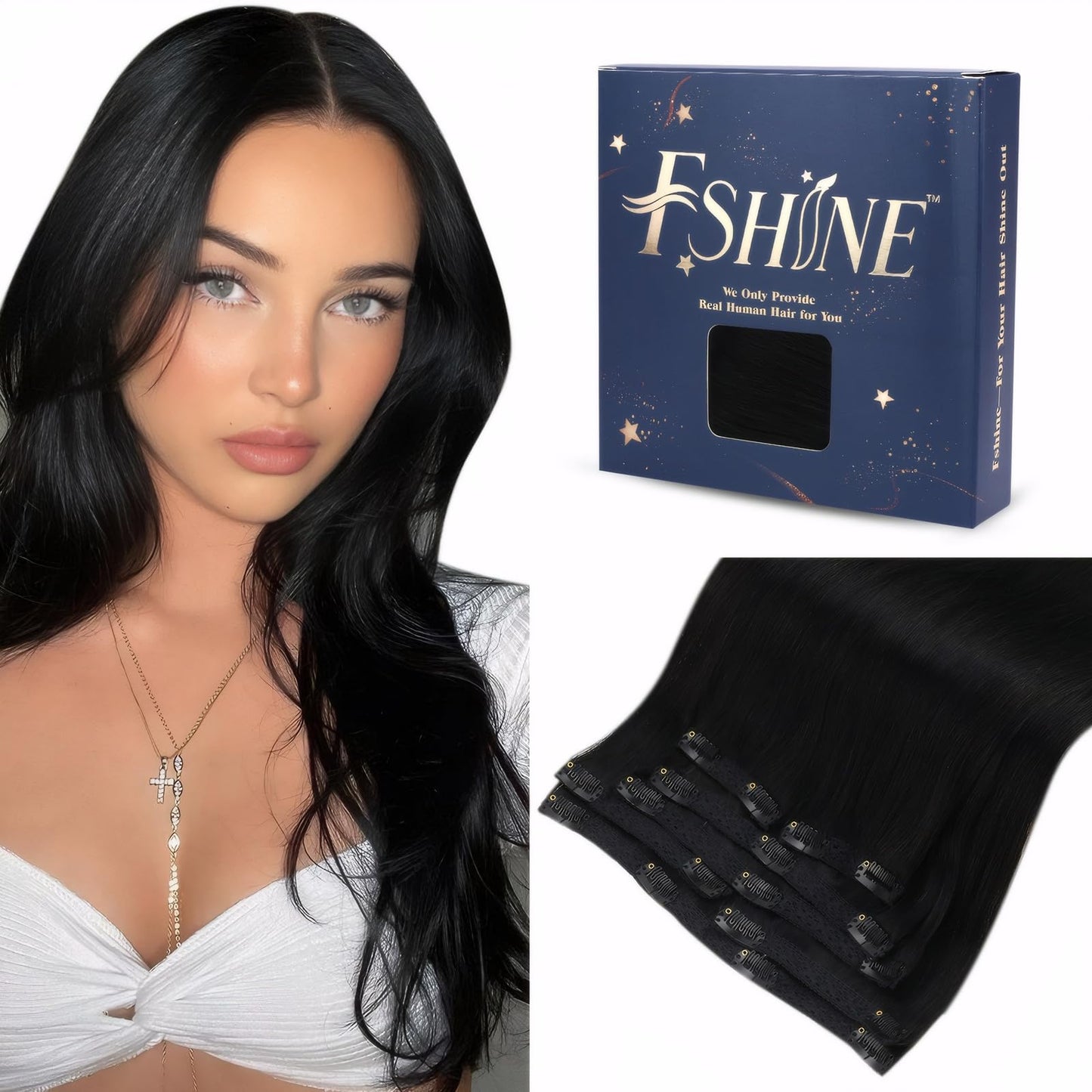 Fshine Clip In Hair Extensions 20 Inch Jet Black Thick Clip In Hair Extensions Human Hair Remy Black Hair Clip In Real Hair Exte
