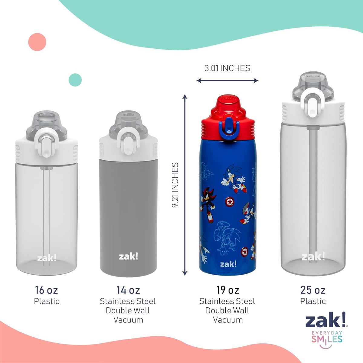 Zak Designs Sonic the Hedgehog Sage 19oz Leak-Proof Straw Kids Water Bottle | BPA Free, Insulated Stainless Steel, Cupholder Friendly, Dishwasher Safe, Lid Lock, Handle, For School, Home, Travel, Outdoor