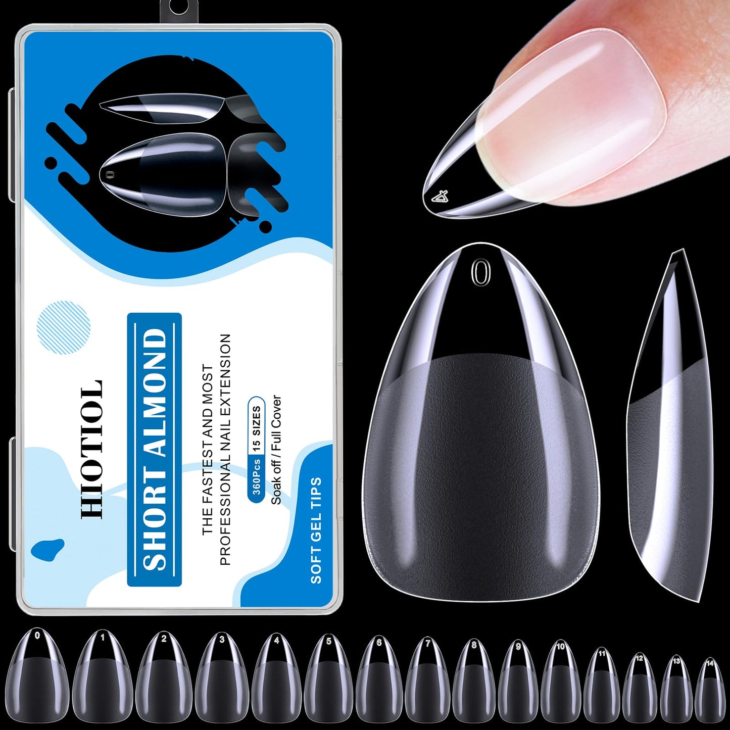 Hiotiol Short Almond Nail Tips, 360Pcs Soft Gel Full Cover Nail Tips For Soak Off Nail Extensions, Half Matte Clear False Gel Na