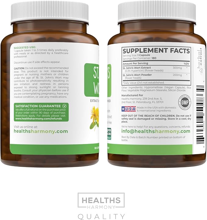 St. John's Wort - 180 Capsules (Non-GMO) Effective St Johns Wort Capsules - Powerful 900mcg Hypericin - Standardized Extract & Whole Herb Supplement - No Oil, Pills, Tea, Tincture - 500mg Per Capsule