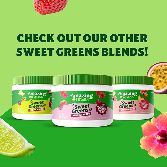 Amazing Grass Sweet Greens and Superfoods Powder for Digestive Health, Greens Powder, Digestive Enzymes, Probiotics, Spirulina, Chlorella, Summer Berry, 30 Servings