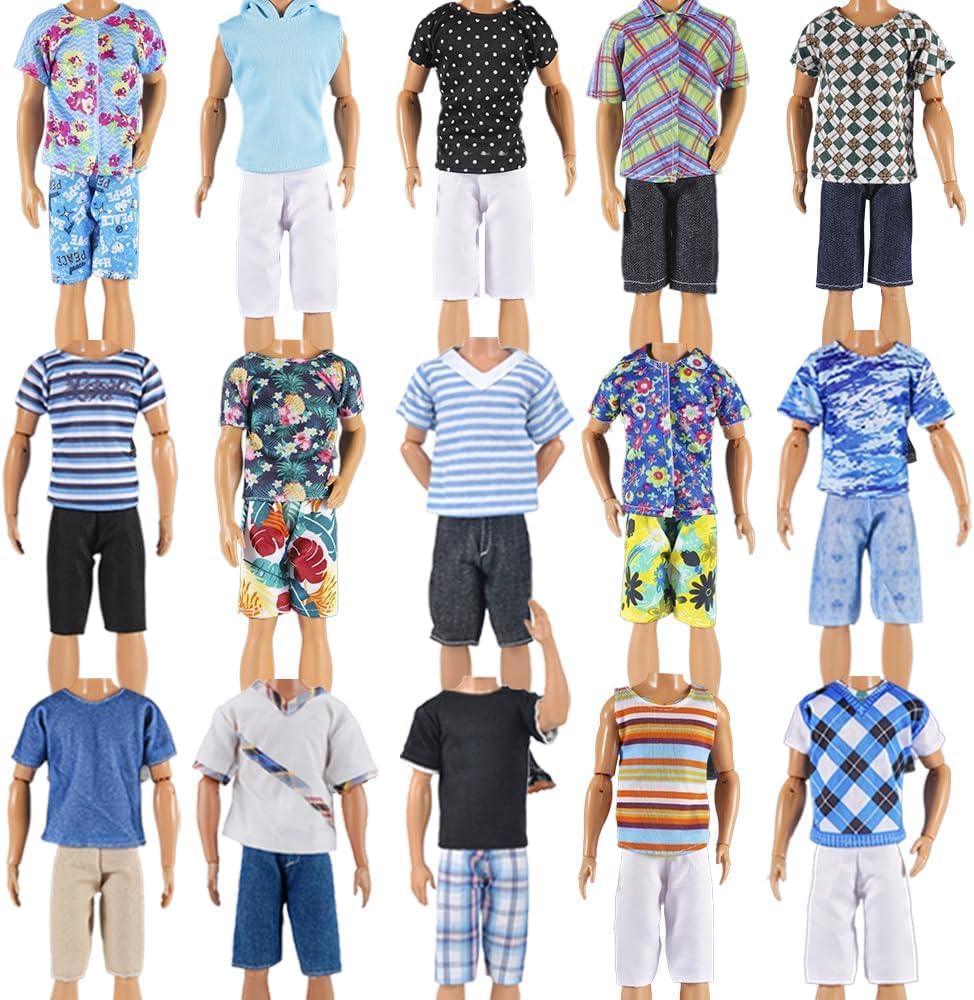 E-TING 10-Item Fantastic Pack = 5 Sets Fashion Casual Wear Clothes Outfit for boy Doll with 5 Pairs Shoes (Leather Jacket + Casual Wear Clothes + Swimwear)