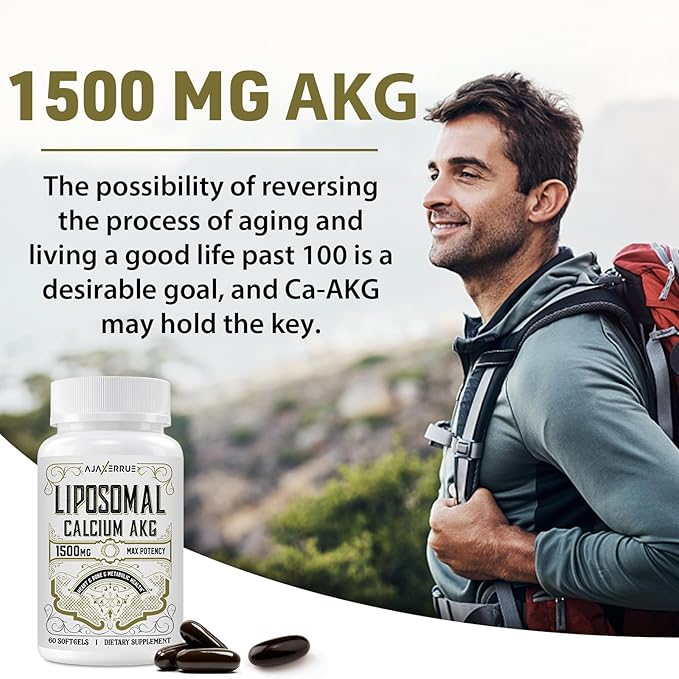 Liposomal Calcium AKG Supplement 1500 MG (Alpha-Ketoglutaric Acid), High Absorption, More Effective Than AAKG, Ca AKG for Longevity, Age Defense, Cellular Energy, Metabolic Function, 60 Softgels