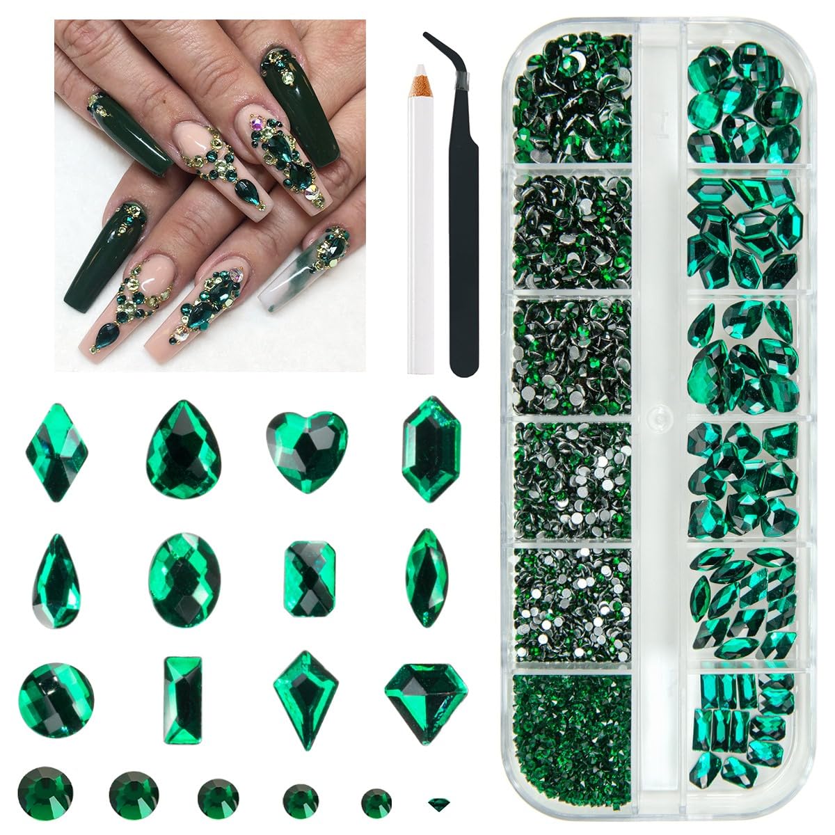 Qiipii 2052Pcs Emerald Green Nail Art Rhinestones Kit Green Nail Charms Multi Shapes Crystal Flatback Rhinestones Big Gems + Rou