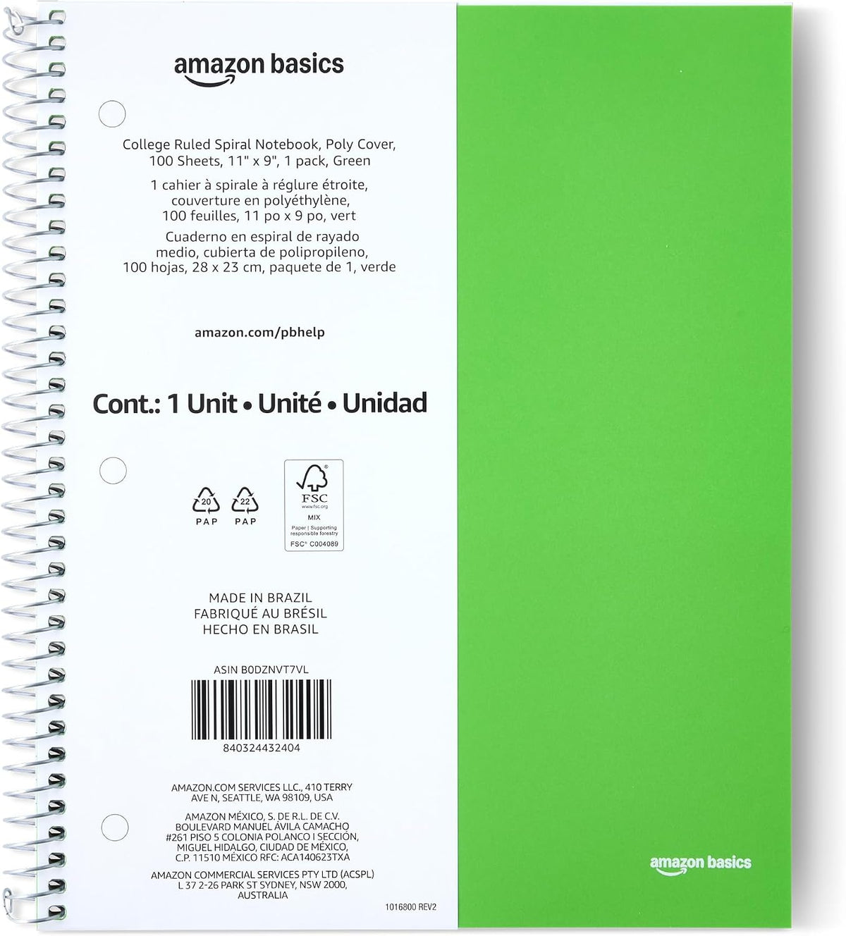 Amazon Basics College-Ruled 3-Subject Spiral Notebook, 150 Sheets, 8.5 x 11 inches, Black