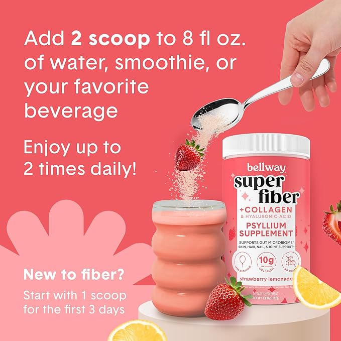 Bellway Super Fiber Powder + Collagen, Strawberry Lemonade Shaker Bottle Bundle