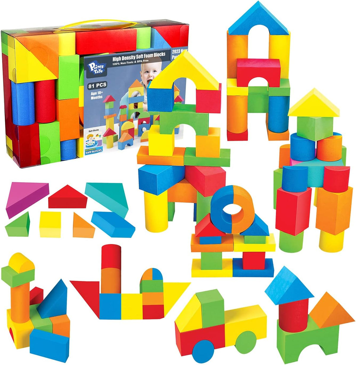 Pairez Toys Foam Building Blocks for Toddlers 2-4, 41 Pieces EVA Soft Stacking Blocks, Baby Bath Foam Toy Set, Early Learning Construction Toys & Gifts for Kids, Boys & Girls 18+ Months