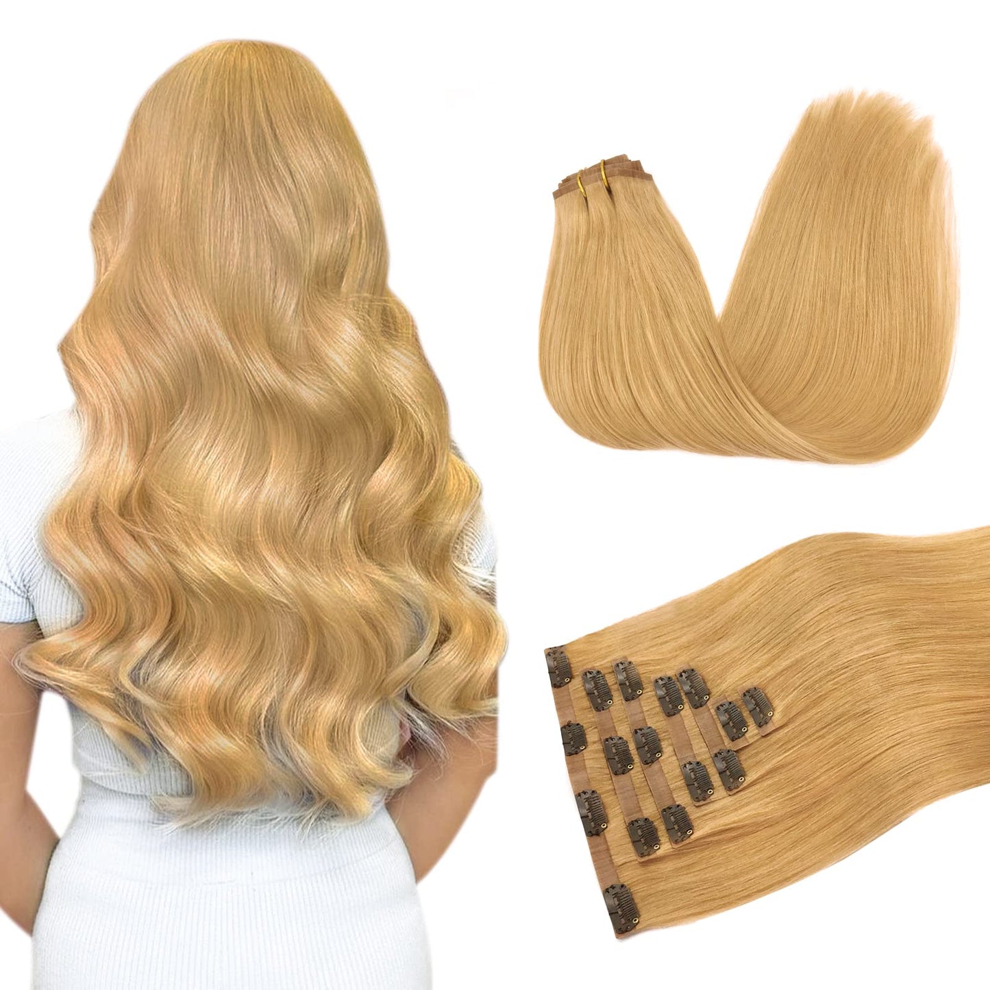 Doores Seamless Clip In Hair Extensions Real Human Hair, Honey Blonde110G 7Pcs 20 Inch, Hair Extensions Clip In Human Hair Exten