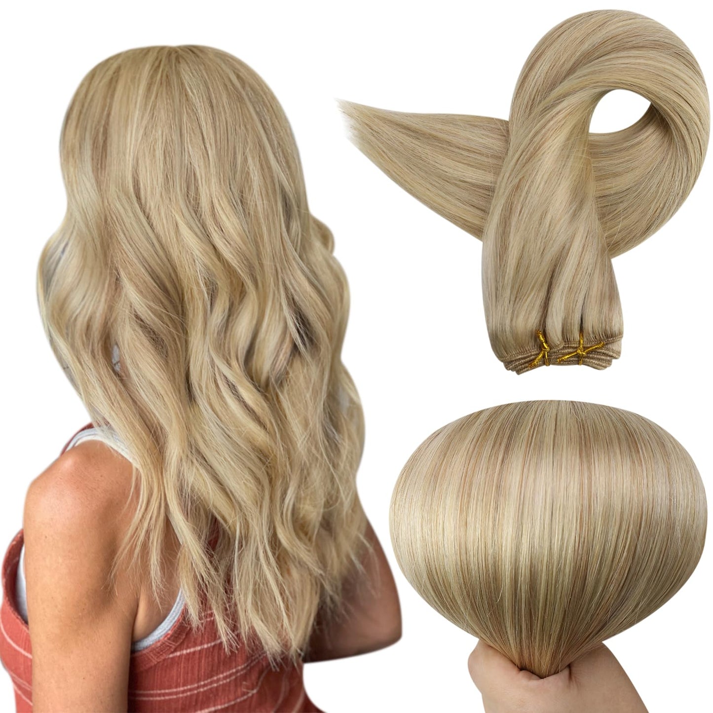 Full Shine Human Hair Weft Sew In Extensions For Women Color Honey Blonde Highlight Bleach Blonde Huamn Hair Weft Extensions Sew