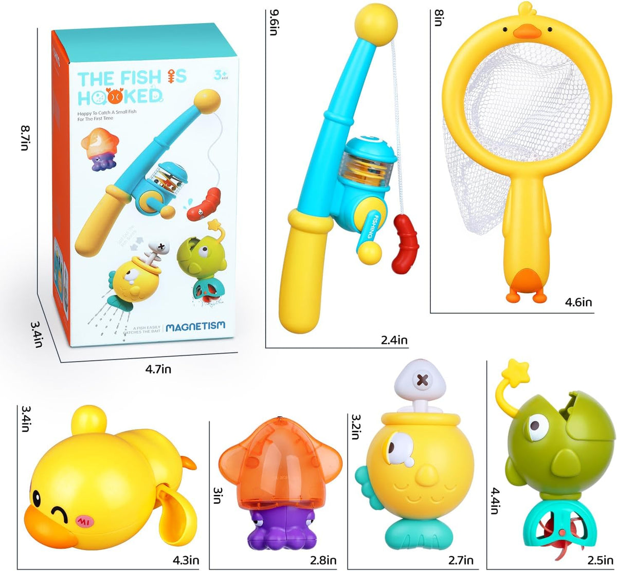 Magnetic Fishing Bath Toys for Toddlers 1-3 | Floating Wind-Up Duck, Fishing Rod & Net, Pool & Bathtub Fun