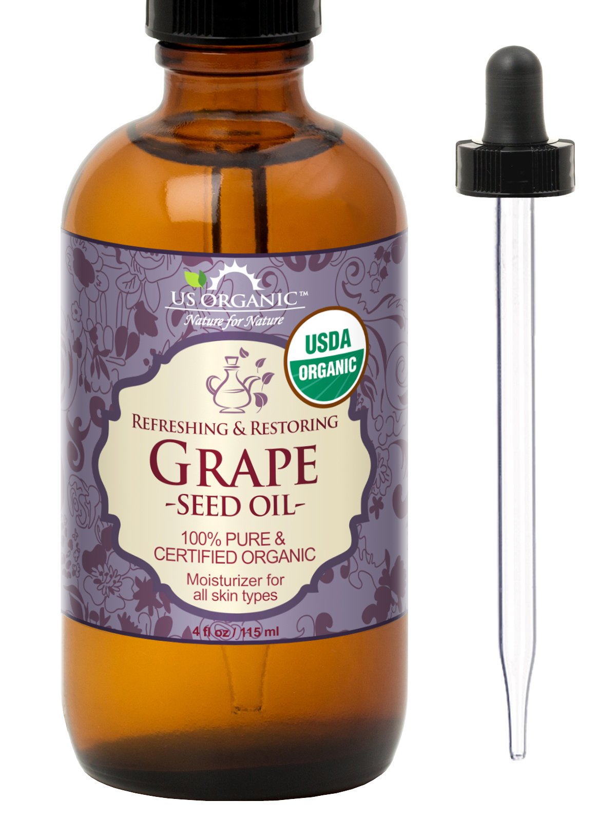 Us Organic Grape Seed Oil, Usda Certified Organic, 100% Pure & Natural, Cold Pressed Virgin, Unrefined, In Amber Glass Bottle W/