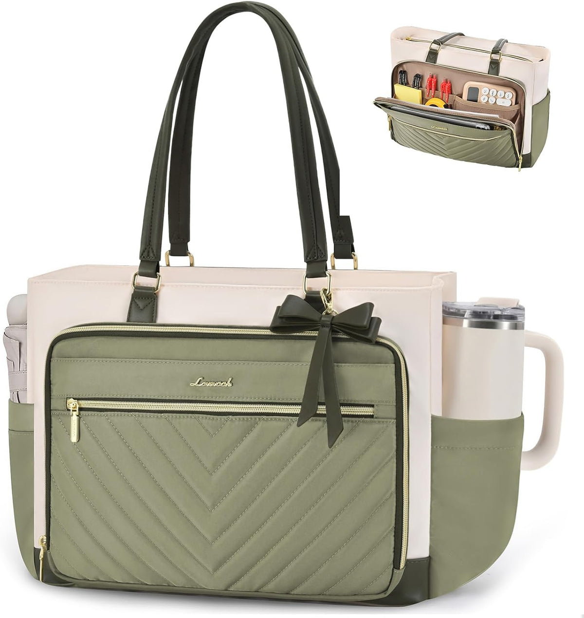 LOVEVOOK Teacher Tote Bag for Women, Work Laptop Bag Gift with Large Cup Holder, Quilted Nurse Bag Diaper Tote with Multi-Pockets, Large Computer Handbag Purse for Bussiness Travel, Office, College