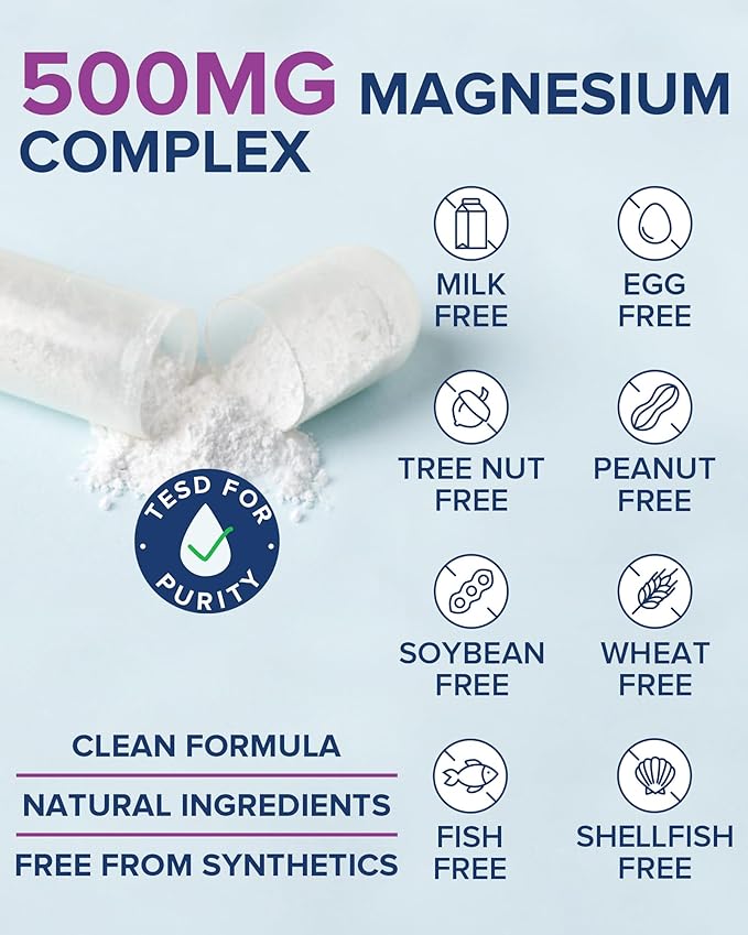 Terranics 5-in-1 Magnesium Complex Supplement 500mg - 5 Forms High Absorption Magnesium Glycinate Citrate Malate Aspartate Gluconate - Non-GMO 120 Vegan Magnesio Capsule for Sleep Muscle Heart Health