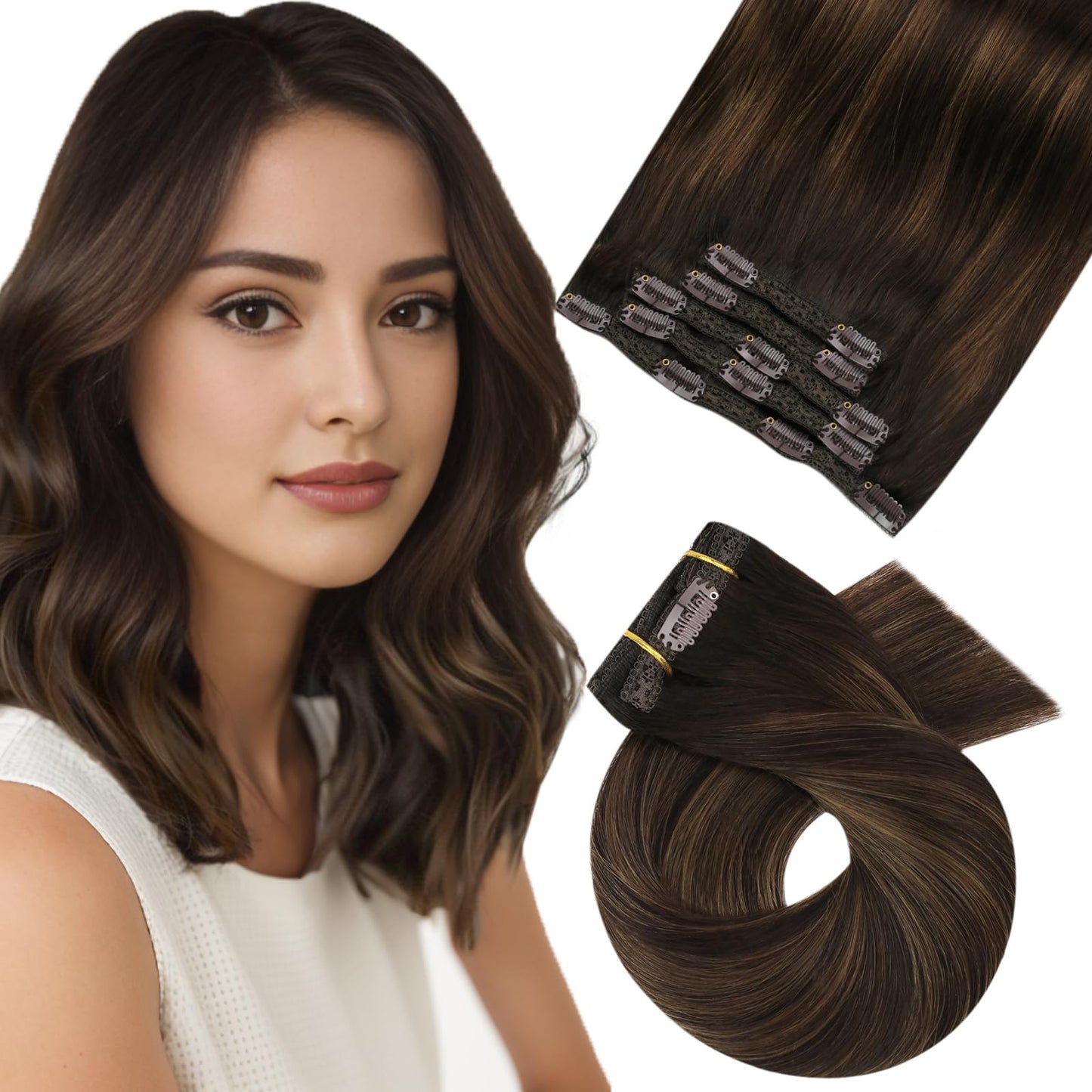 Moresoo Clip On Hair Extensions Ombre Brown Double Weft Hair Extensions Real Human Hair Clip Ins Balayage Darkest Brown With Che
