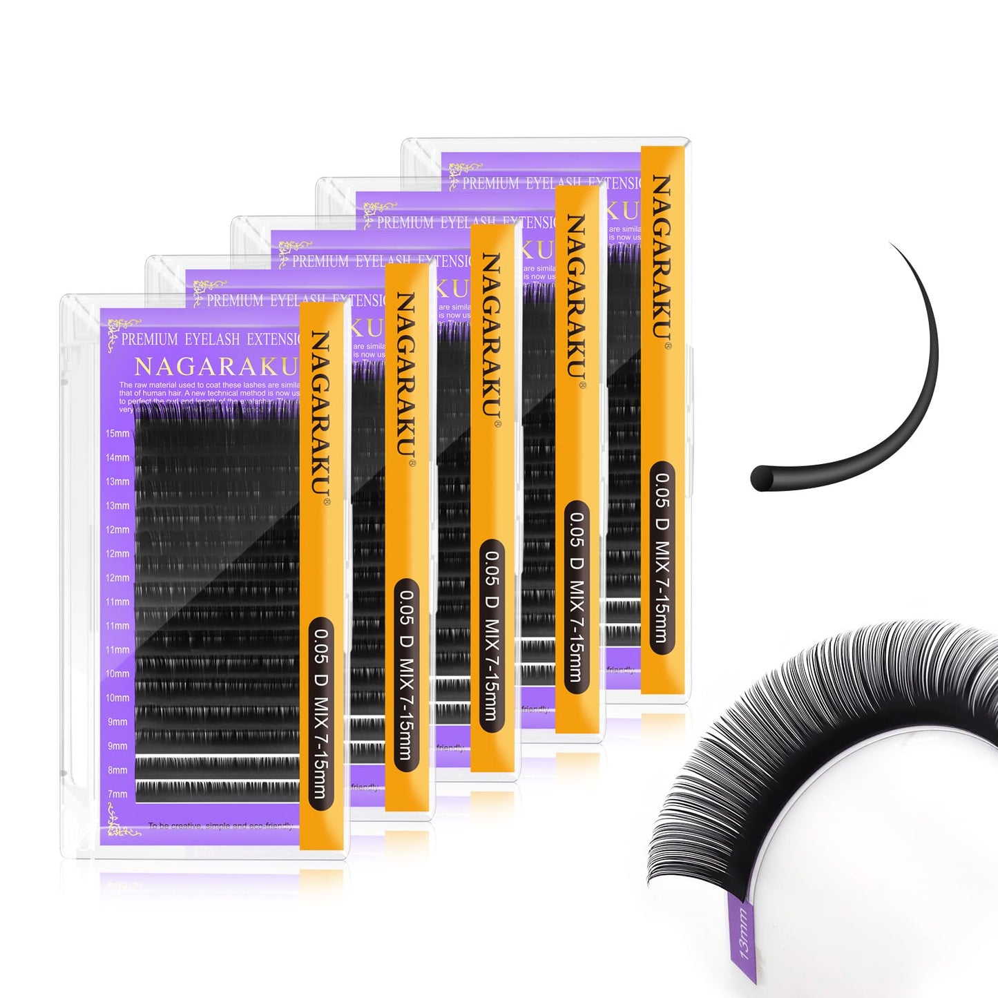 Nagaraku 5 Trays Eyelash Extensions 0.05Mm D Curl 7-15Mm Mix Tray Individual Lashes Classic Matte Black Faux Mink 16 Rows Profes