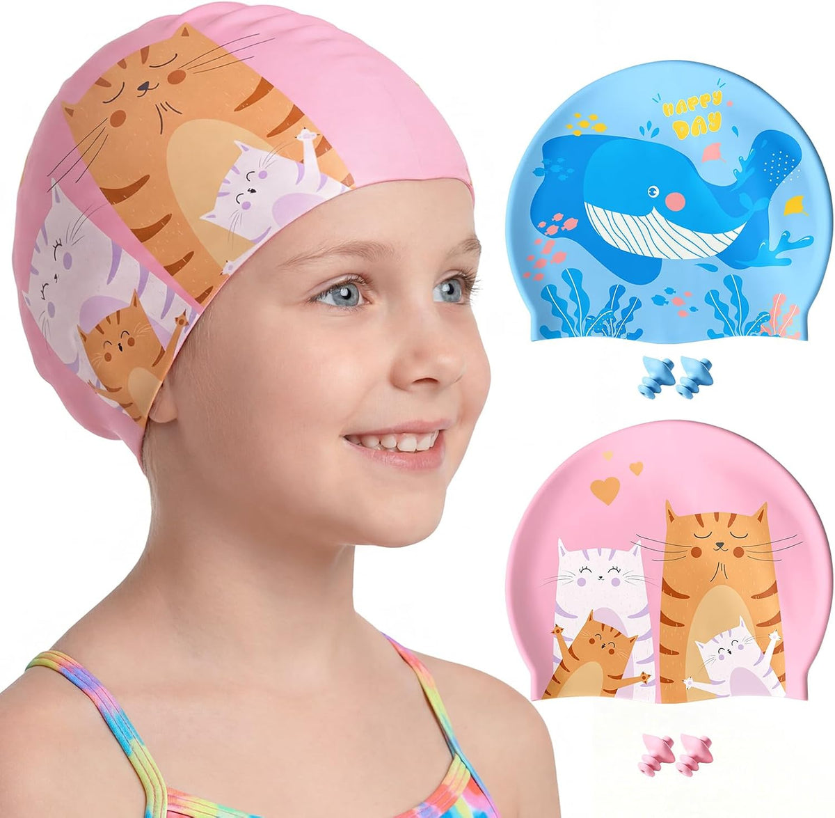 Aegend Kids Swim Cap 2 Pack, Silicone Waterproof Swim Cap for Kids Age 3-15 | Comfortable Swimming Cap for Girls Boys Toddlers Youth, Fits Long & Short Hair, Durable Cap for Swim Lessons Pool