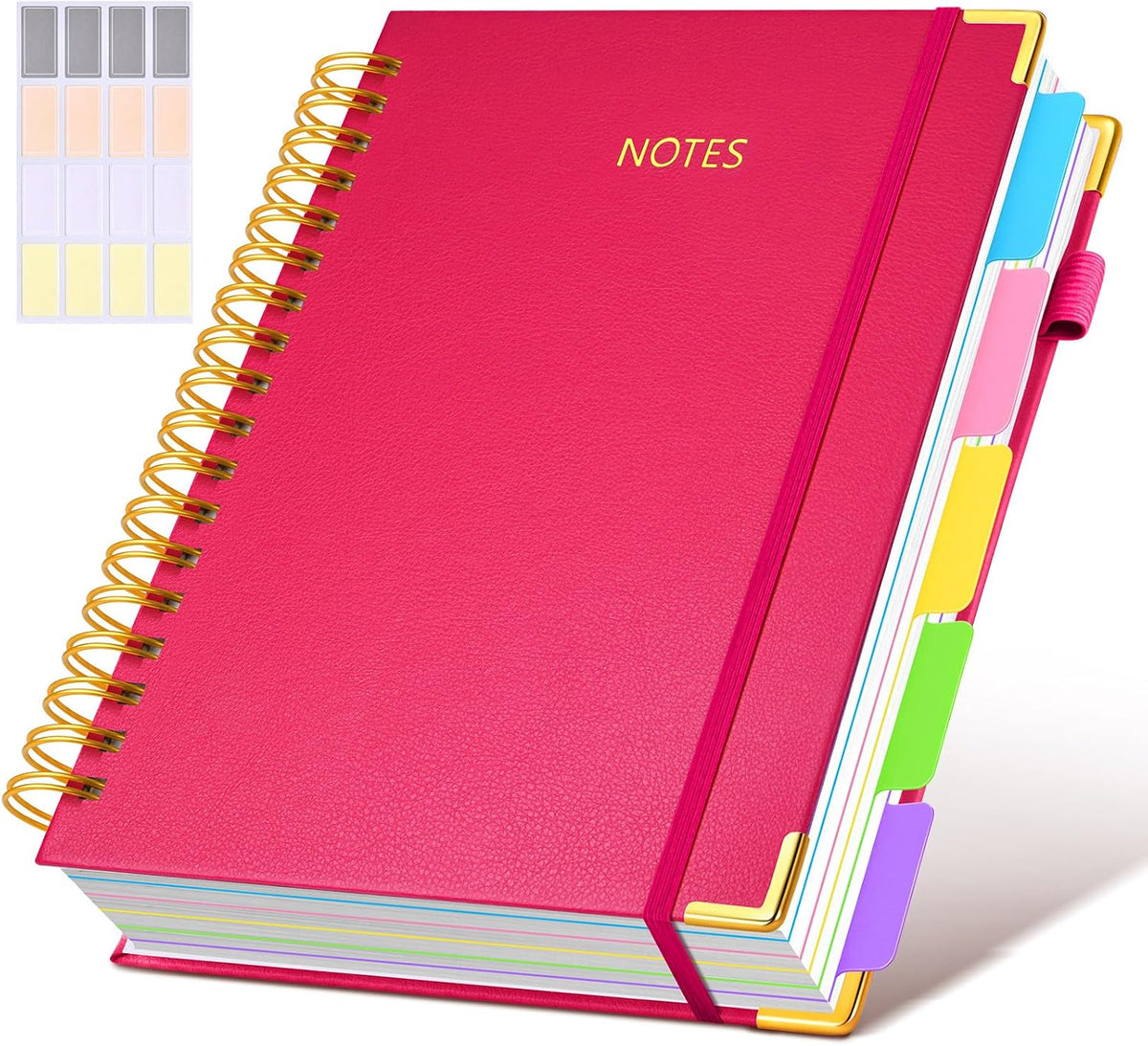 Hardcover Spiral Notebook Journal with Removable Dividers Tabs, 300 Pages Leather 5 Subject Notebook College Ruled, 8"x10" Large B5 Notebooks for Work School Note taking, Lined Journal for Women, Pink