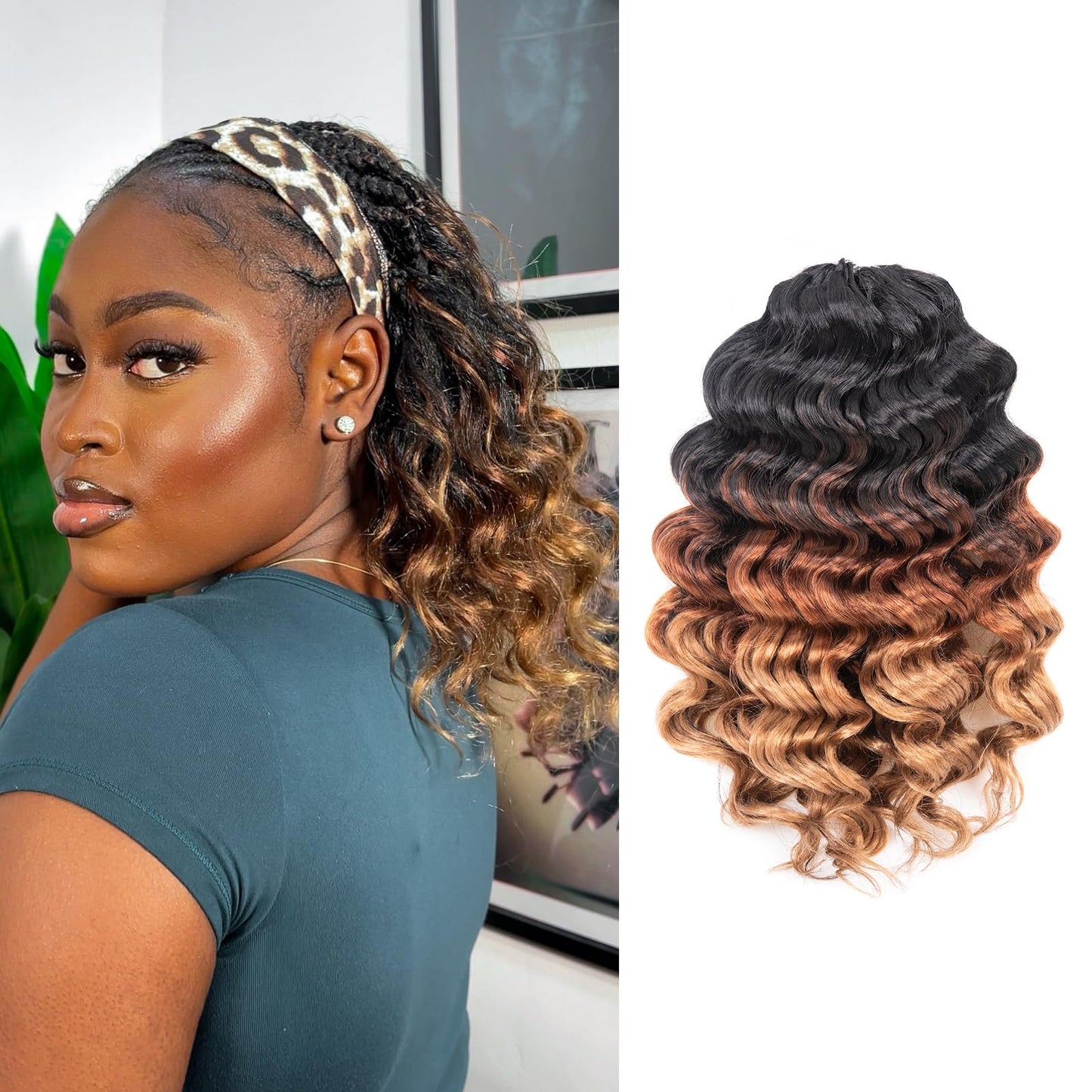 Toyotree Ocean Wave Crochet Hair - 14 Inch 8 Packs 3 Tones Ombre Brown Mid-Length Curly Deep Wave Crochet Hair, Synthetic Ocean