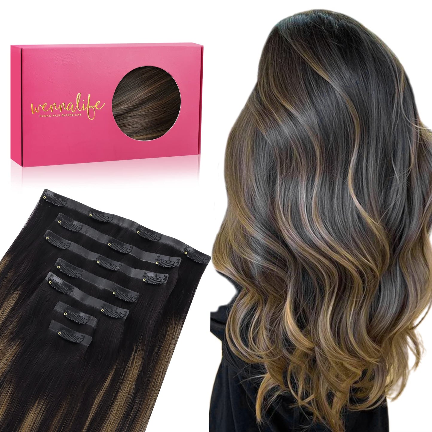 Wennalife Seamless Clip In Hair Extensions Human Hair, 24 Inch 160G 7Pcs Natural Black Mixed Chestnut Brown Hair Extensions Clip
