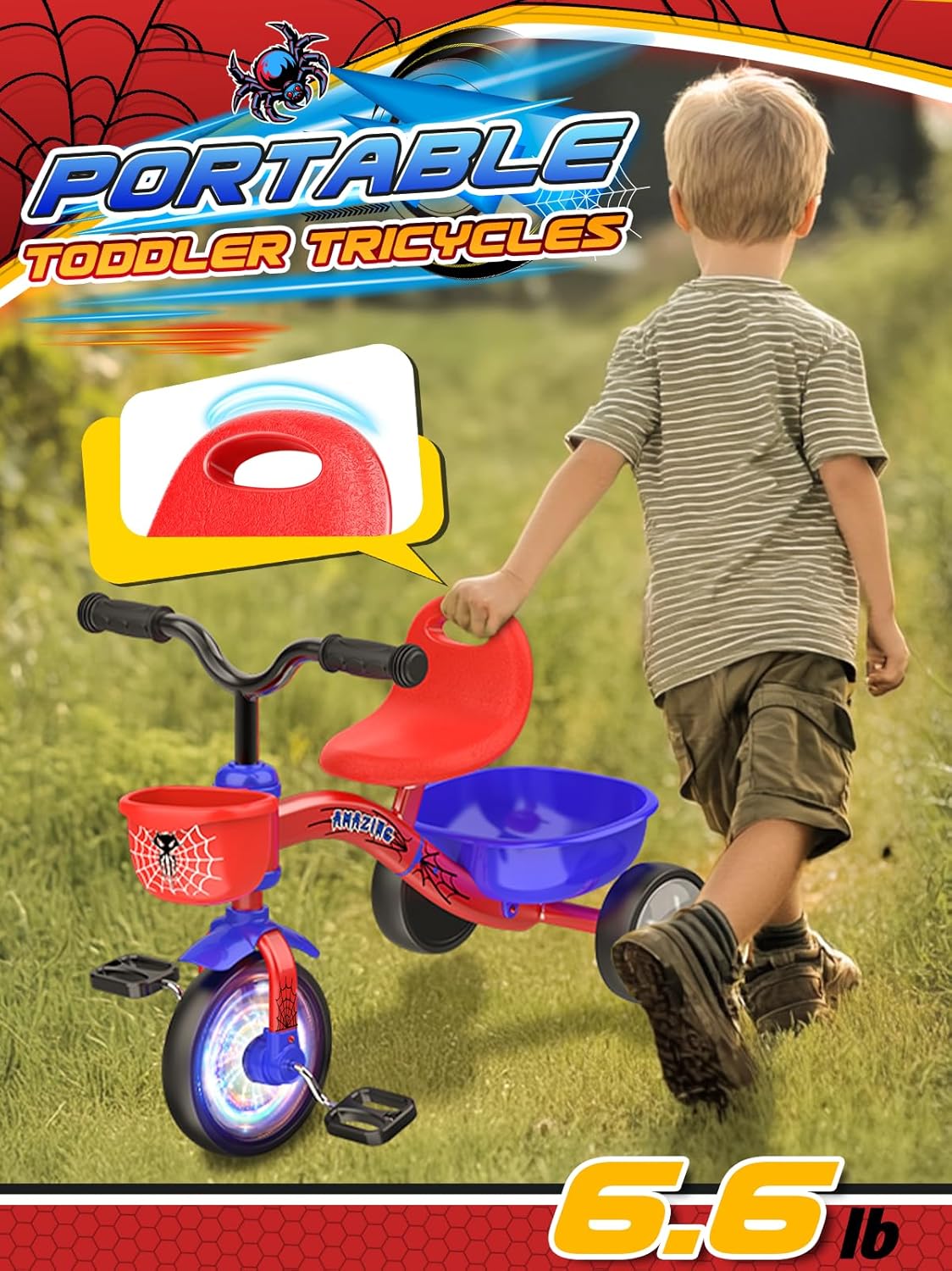 Stable Spider Toddler Tricycle for 1-5 Year Olds with Colorful Lighting, Large Basket & Thickened Noiseless Wheels