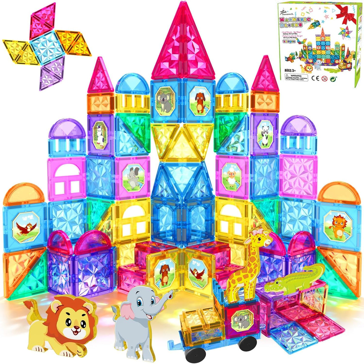 Jasonwell Magnetic Tiles Kids Magnetic Blocks 60PCS Building Sets 3D Magnet Toys Preschool Educational Construction STEM Toy Christmas Birthday Gifts for Toddlers Boys Girls 3 4 5 6 7 8 9 + Year Old