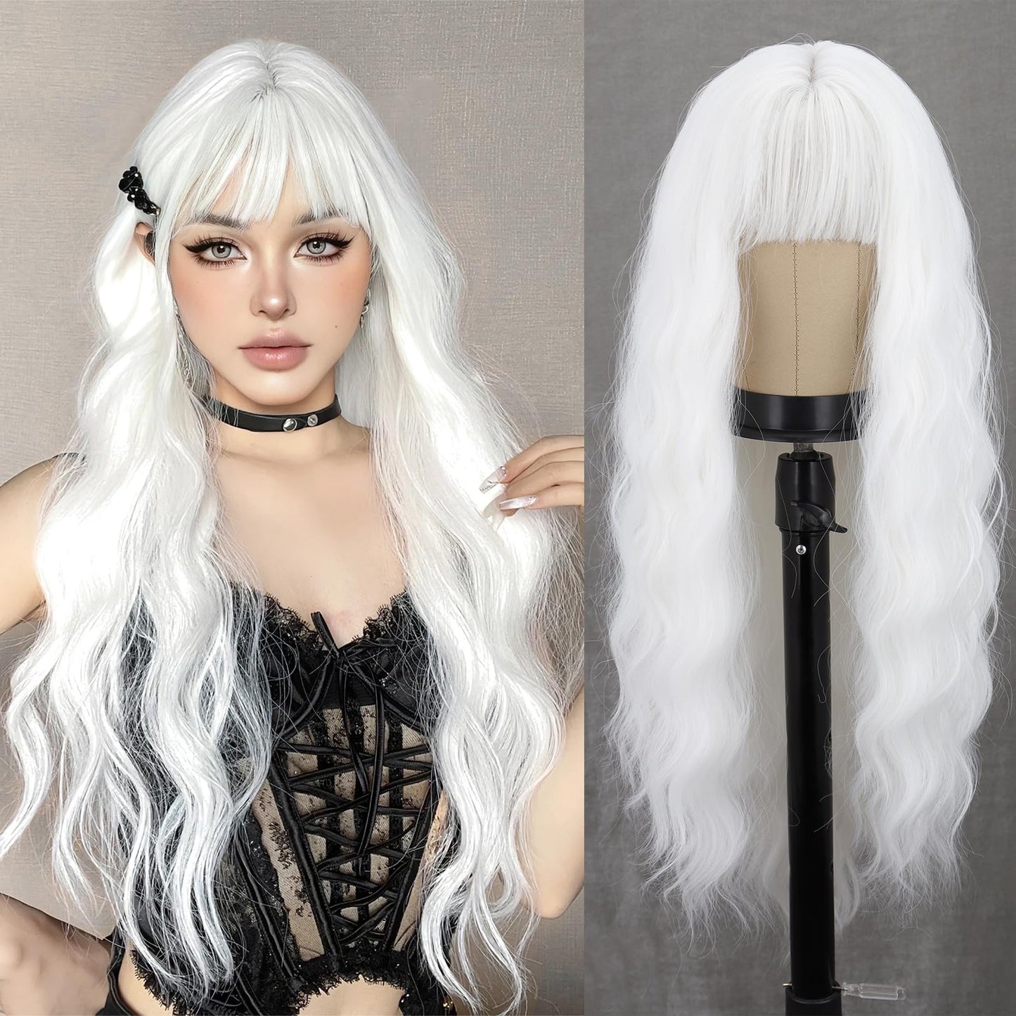 Merisihair Long White Wavy Wig With Bangs 26 Inches Natural Looking Synthetic Heat Resistant Hair Wigs For Women Daily Party Cos