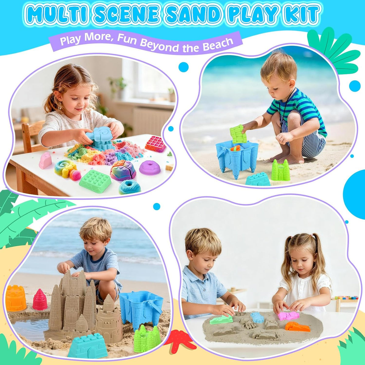 Beach Toys, Creative Sand Toys for Kids Boys and Girls, Sand Castle Building Kit with Stack Castle Buckets, Tools, Mesh Bags, Character Molds for Role Play, Outdoor Toys for Toddlers Kids Ages 3-10