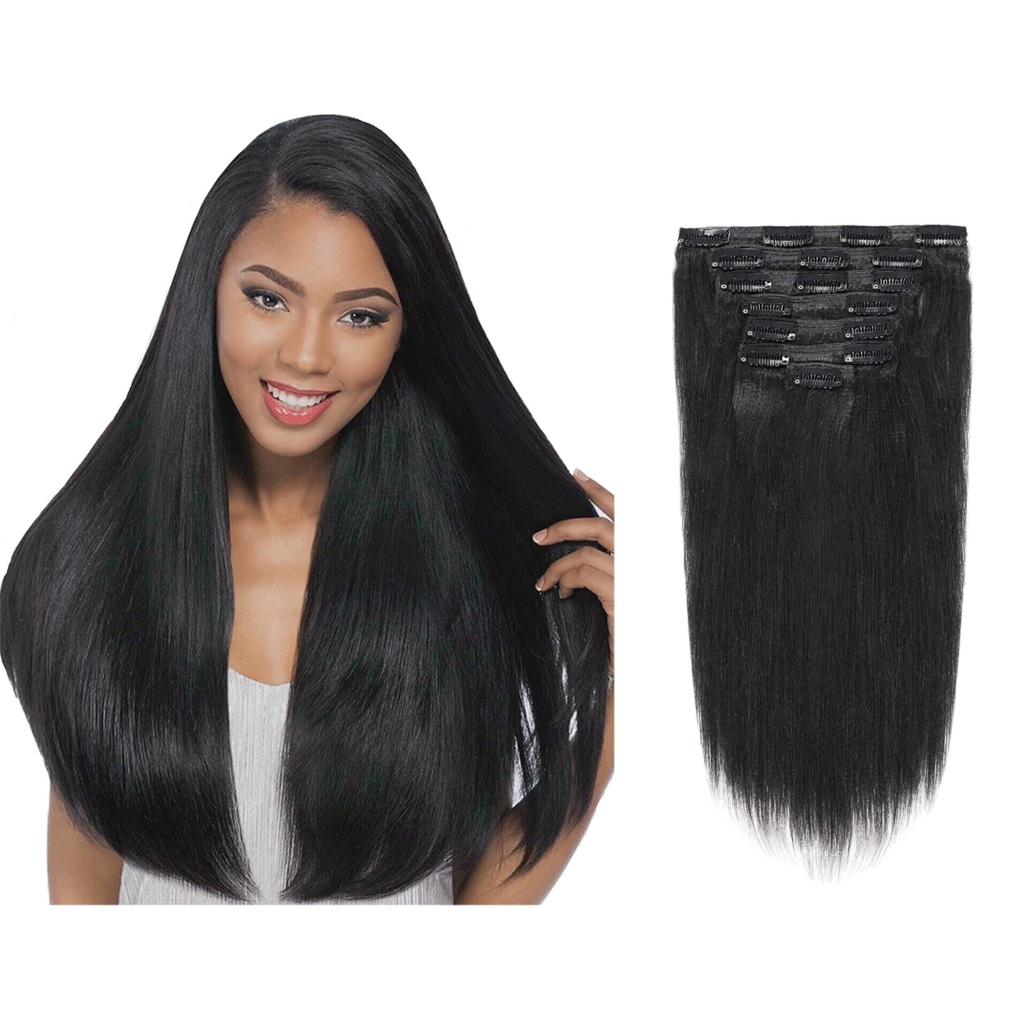 Lacer 12Inch Clip In Hair Extensions Thick Yaki Straight Clip Ins, Natural Black Real Virgin Human Hair Extensions For African A