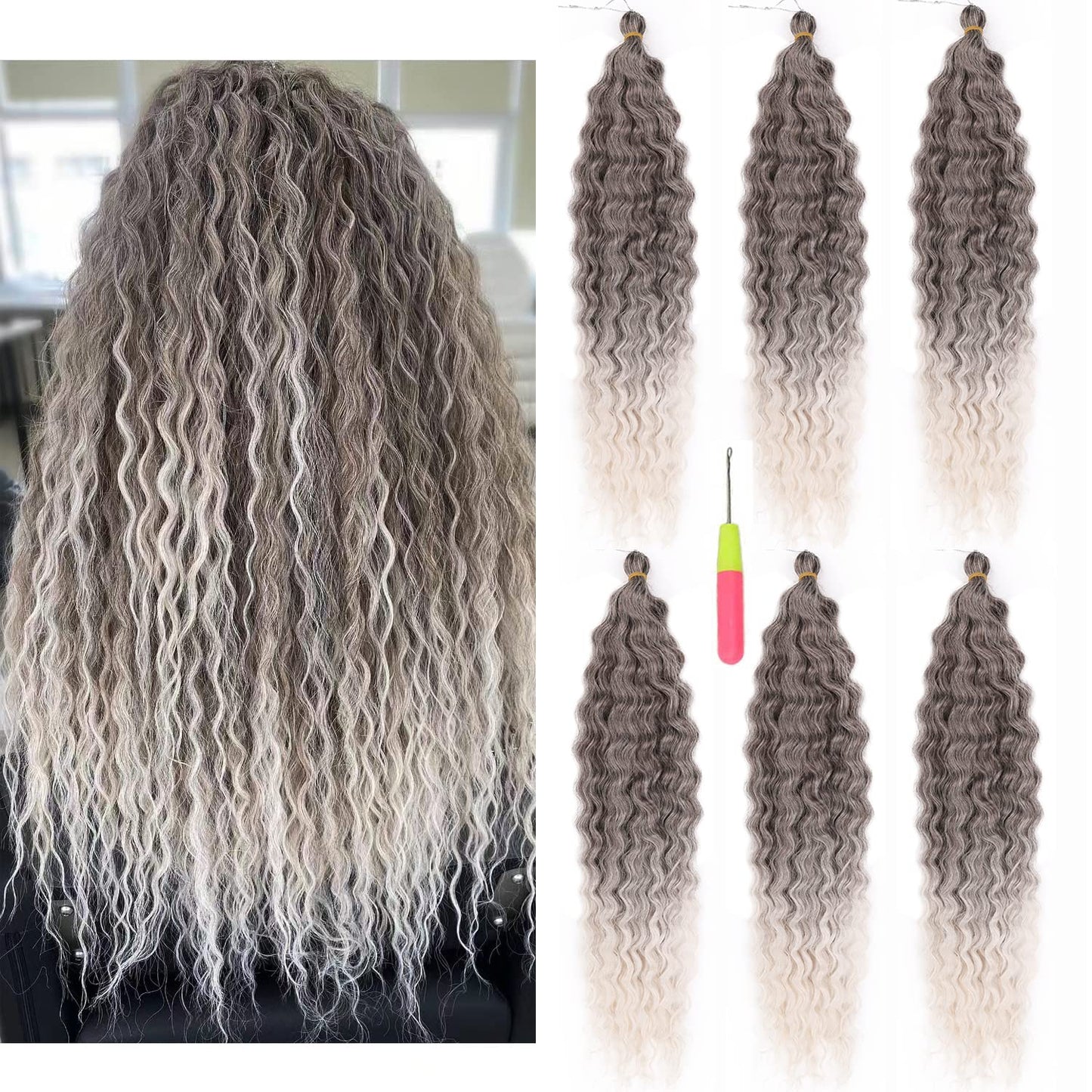 Maysa Ombre Grey Curly Crochet Hair 22Inch 6Packs Ocean Wave Crochet Hair Wavy Synthetic Crochet Hair Ombre Chocolate Brown Mix