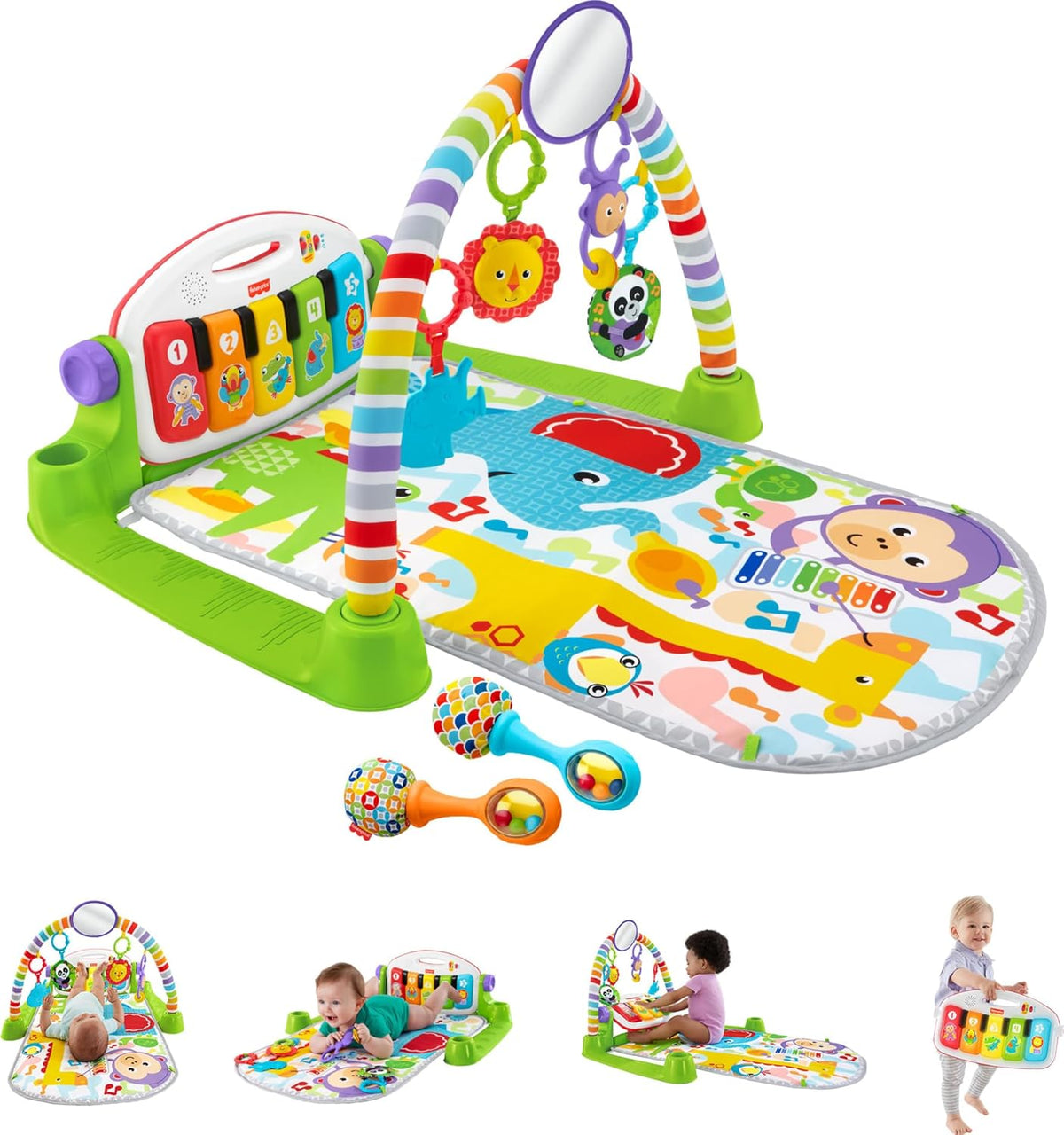 Fisher-Price Baby Musical Toy Set Glow and Grow Kick & Play Piano Gym Blue Playmat with 2 Rattle Maracas for Newborns Ages 0+ Months