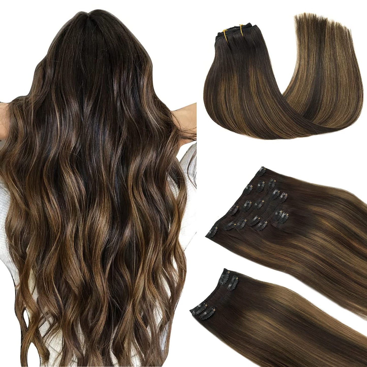 Doores Clip In Hair Extensions, Balayage Dark Brown To Chestnut Brown 22 Inch 9Pcs 150G, Hair Extensions Real Human Hair Clip In