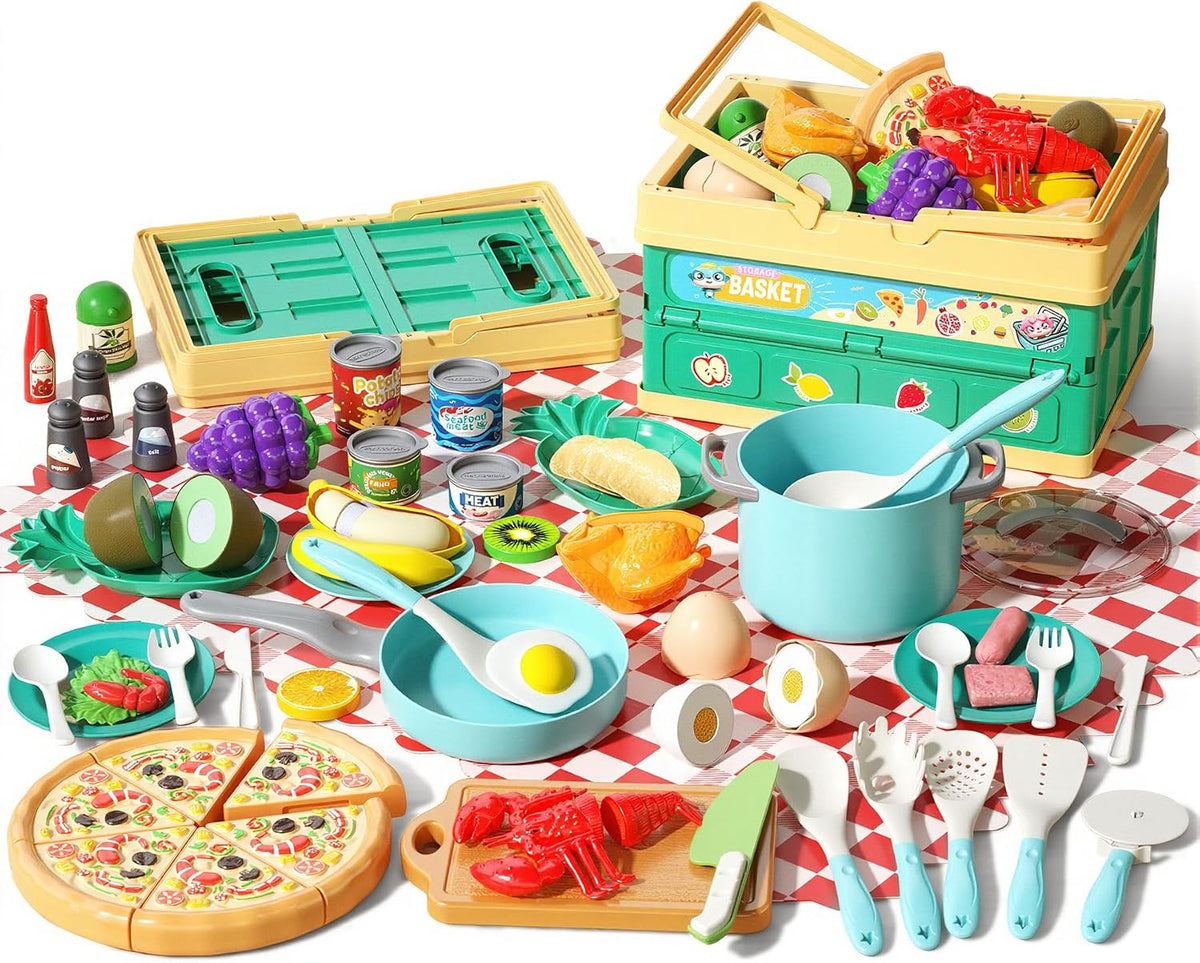 130Pcs Kitchen Playset, Toddler Pretend Cooking Play Pots, Pans, Utensils Cookware, Daily Food Fruit Veges, Shopping Storage Basket, Dessert, Prop Money, Learning Gift for Child (Blue)
