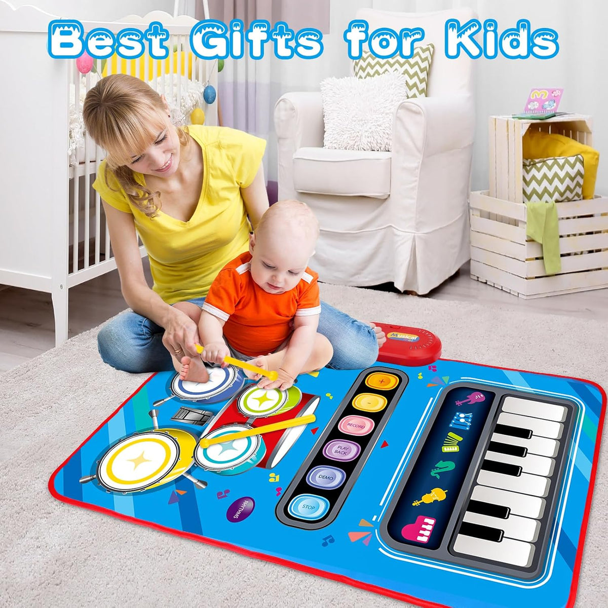 Baby 1-2 Years Music Mat: 2 in 1 Piano Drum Play Mat for Infant Music Toy 1-3 Year Old Boys Girls